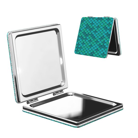 Fish Scales Blue Geometric Portable Double-Sided Face Mirror Square, Magnifying Compact Pocket Mirror with PU Leather Cover