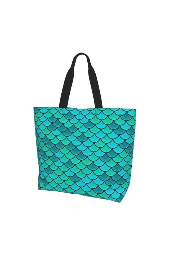 Fish Scales Blue Geometric Women Reusable Bag Large Shoulder Handbag Top Handle Purse Tote
