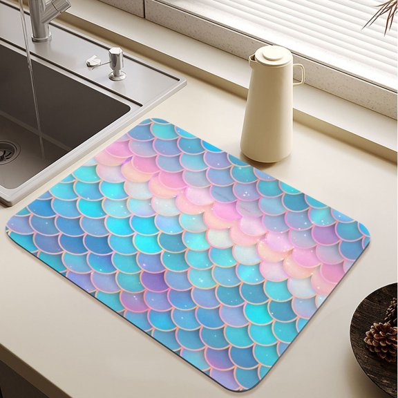 Fish Scales Dreamy Color Diatomite Dish Drying Mat Drain Pad for Kitchen Sink Countertop 15.7" x 11.8"