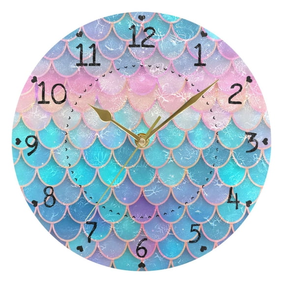 Fish Scales Dreamy Color Round Wall Clock Silent Analog Battery Operated Gold Pointer Home Decor 9.84" Diameter