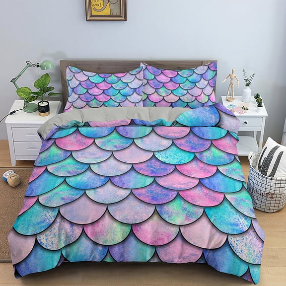Fish Scales Duvet Cover Kids Pink Purple Blue Mermaid Scales Pattern Ocean Theme Bedding Women Children Bedroom ration