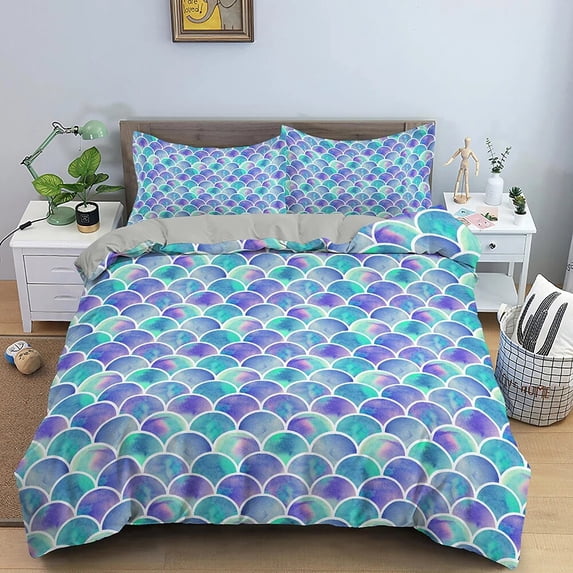 Fish Scales Duvet Cover Set Colorful Mermaid Polyester Comforter Cover with Pillowcase King Full Size for Boys Girl Teen
