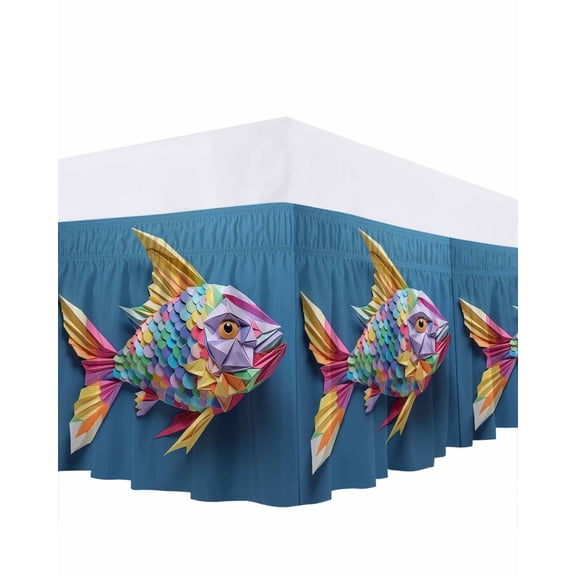 Fish Scales Paper Bed Skirt King Size 16" Drop Eyes Tail Mouth Fins Overlay Ruffled Wrap Around Bed Skirts Adjustable Elastic Bedskirt Dust Ruffle for King Size Bed