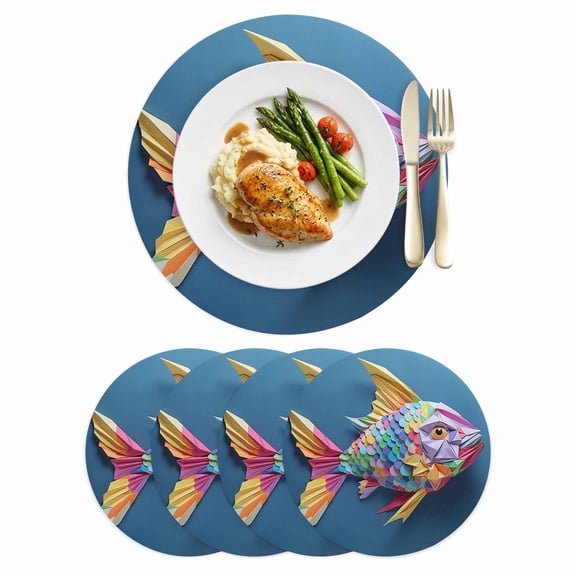 Fish Scales Paper Leather Placemats Set of 4, 15 Inch, Eyes Tail Mouth Fins Overlay Waterproof Oil-Proof Place Mats, Non-Slip Table Mats for Kitchen, Dining Room, Indoor Outdoor
