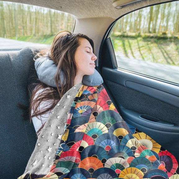 Fish Scales with Flowers Travel Blanket Pillow Compact Foldable Airplane Throw Blanket with Trolley Sleeve for Travel Camping