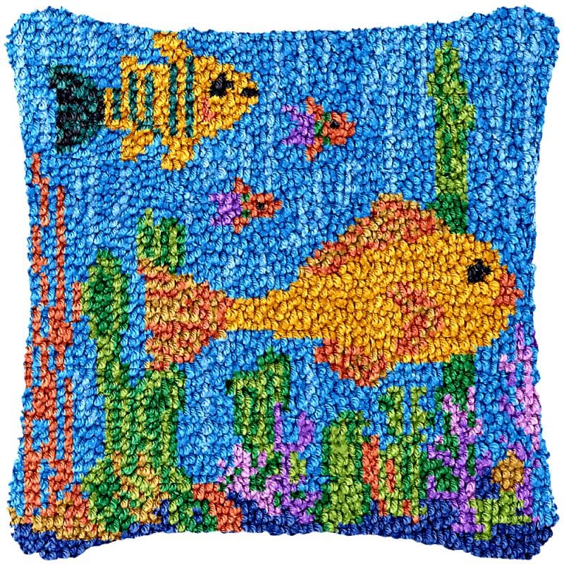 Fish Sea Floor Latch Hook Pillow Cover Kits for DIY Handmade Throw Pillow Cross Stitch Latch Hook Pillowcase Rug Kits with Preprinted Color Pattern Canvas Crochet Yarn Kits 17''X 17''(ch135)