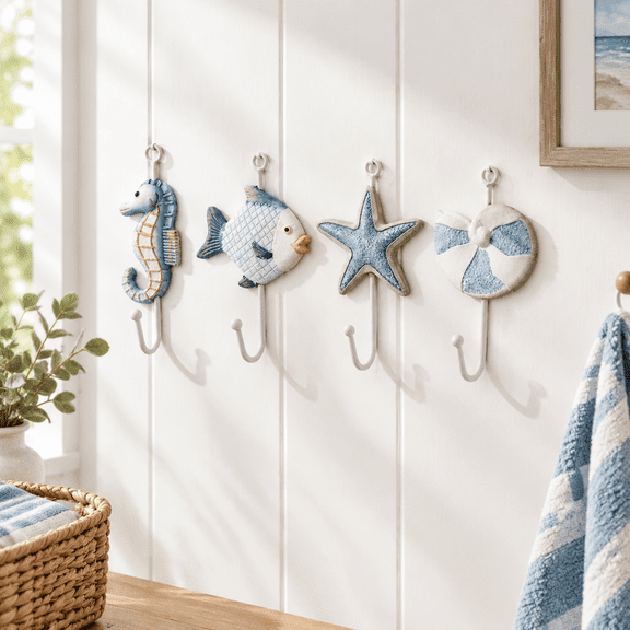 Fish Seashell Decorative Wall Mount Towel Hooks Set of 4 Nautical Key Holders
