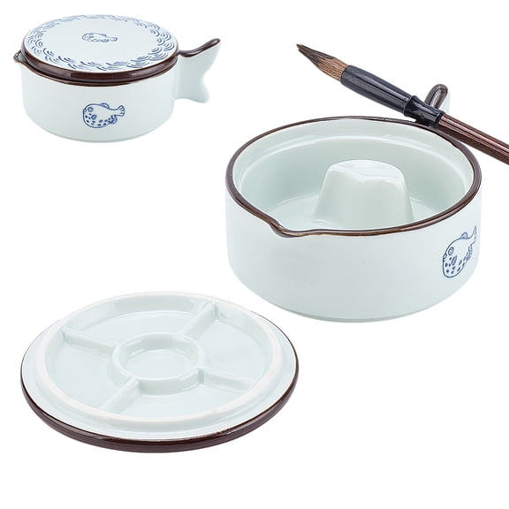 Fish Shape Ceramics Ink Plate with Handle Porcelain Brush Holder for Calligraphy Lovers Azure 137.5x102.5x52.5mm DIY