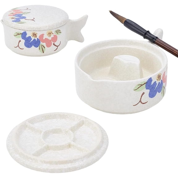 Fish Shape Chinese Calligraphy Inkwell Porcelain Ink Dish Flower Pattern Ceramic Ink Plate with Brush Holder Multifunctional Bowl for Calligraphy Painting Chinese Japanese Practice