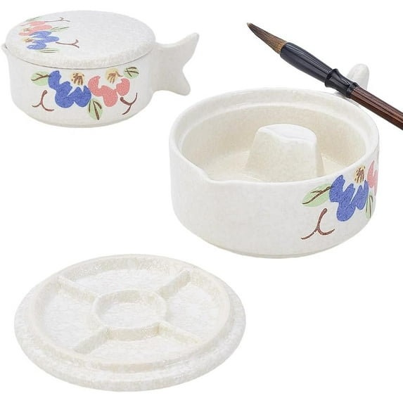 Fish Shape Chinese Calligraphy Inkwell Porcelain Ink Dish Flower Pattern Ceramic Ink Plate with Brush Holder Multifunctional Bowl for Calligraphy Painting Chinese Japanese Practice
