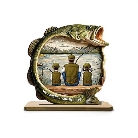 Fish Shape Fishing Plaque Wooden Sign, Father & Child Lakeside Scene, Fisherman Gift for Dad Husband, Father's Day Gift