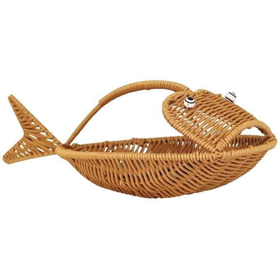 Fish Shape Wicker Bread Basket, Small Rattan Storage Basket for Shelves and Countertops - Decorative Kitchen Storage Rack for Bread Rolls and Pastries (Yellow)