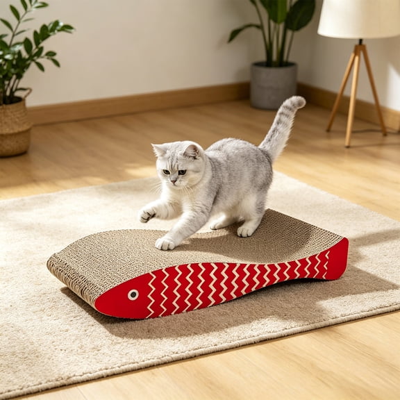 Fish-Shaped Cardboard Cat Scratching Post, Rvkxad Indoor Cat Scratching Mat for Claw Sharpening, Durable Corrugated Cardboard Scratch Pad for Furniture Protection, Multicolor 17.5x8.3x3in, Red