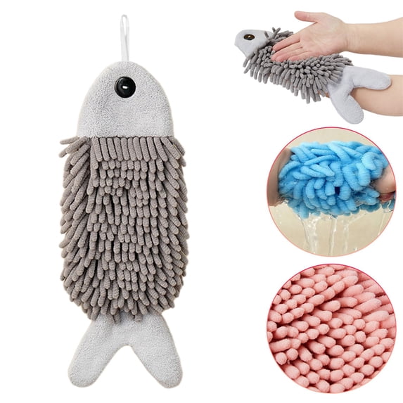 Fish Shaped Chenille Hand Towels Cute Hanging Fish Hand Towel Absorbent Microfiber Coral Fleece Bathroom Hands Towels with Hanging Loop for Kitchen Bathroom Restroom(Grey)