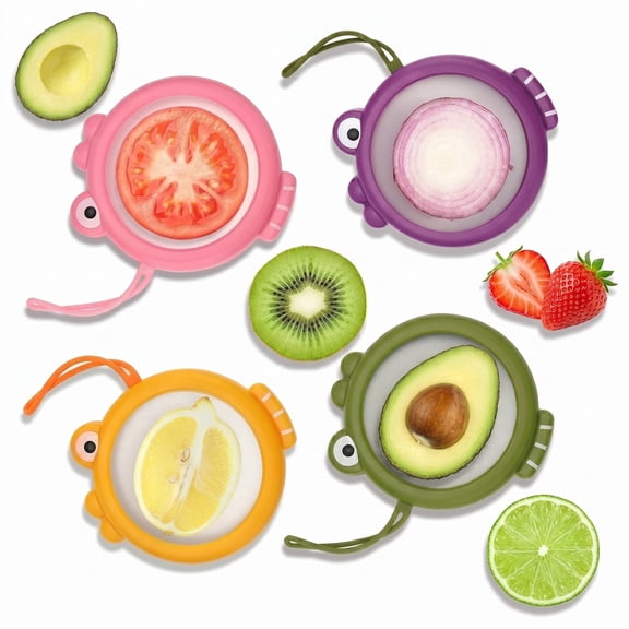 Fish-Shaped Fresh Food Containers Set of 4, Reusable Silicone Fresh Storage Pods for Avocado, Onions, Lemon, Tomatoes and Garlic, Anti-Oxidation Design for Refrigerator Food Preservation
