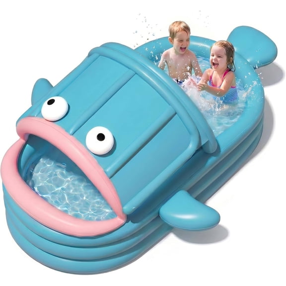 Fish-Shaped Inflatable Pool with Sunshade, 108" x 78" x 20", Thickened PVC Family Swimming Pool for Backyard Summer Fun