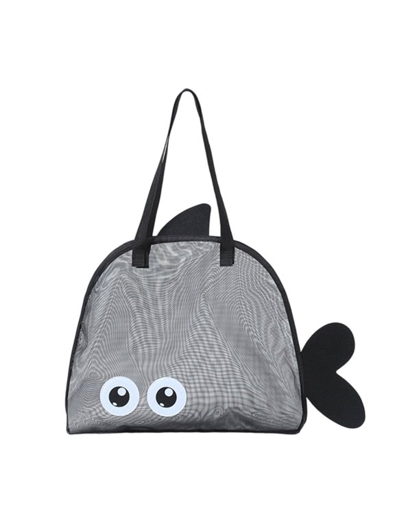 Fish Shaped Mesh Beach Bag, Beach Shell Collecting Bag, Outdoor Sand storage Pouch, Big Eyes Sea Shell Bag, Portable Mesh Storage Handbag, Pool Tote Bag for Summer Birthday Holiday Gift, Black