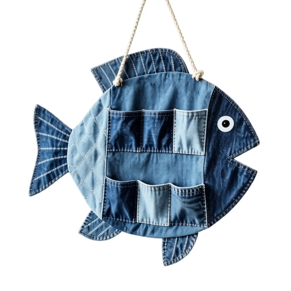 Fish Shaped Patchwork Wall Hanging Storage Organizer with Multiple Pockets for Home Office Classroom Entryway
