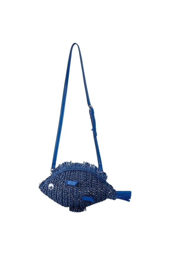 Fish-Shaped Handwoven Straw Shoulder Bag, Beach Crossbody Purse