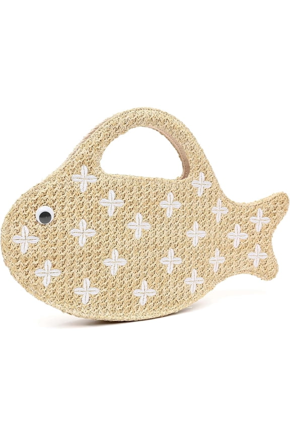 Fish Shaped Straw Woven Clutch Handbag, Embroidery Raffia Summer Beach Satchel Tote with Magnetic Closure, Lightweight Portable Handheld Purse for Vacation Daily Outing