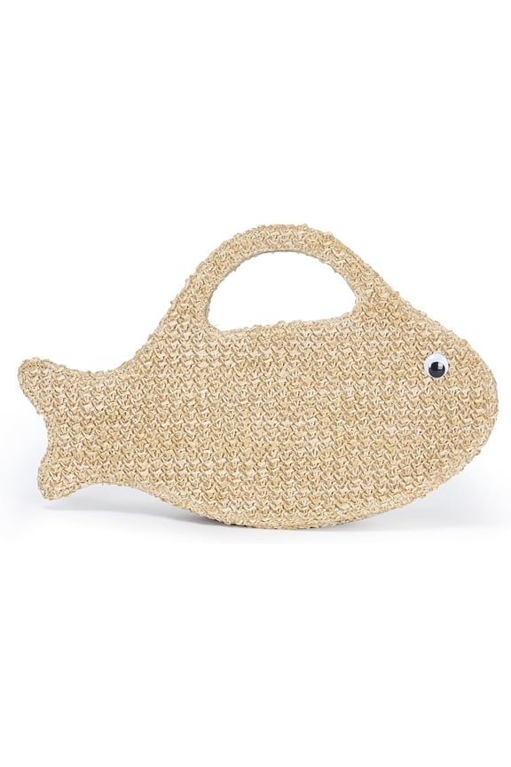 Fish Shaped Straw Woven Clutch Handbag, Embroidery Raffia Summer Beach Satchel Tote with Magnetic Closure, Lightweight Portable Handheld Purse for Vacation Daily Outing