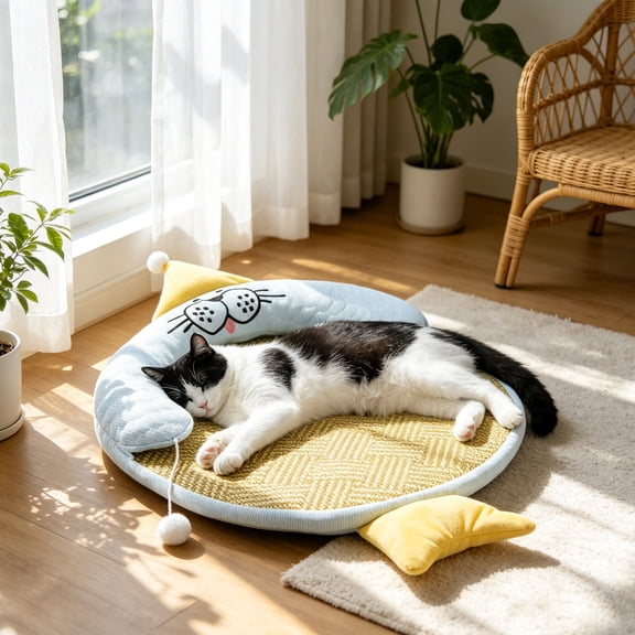 Fish Shaped Summer Pet Bed, Breathable Rattan Mat with U Shaped Neck Pillow, Washable Hanging Toy Pet Bed for Cat Small Dog Indoor Summer Sleep, Blue