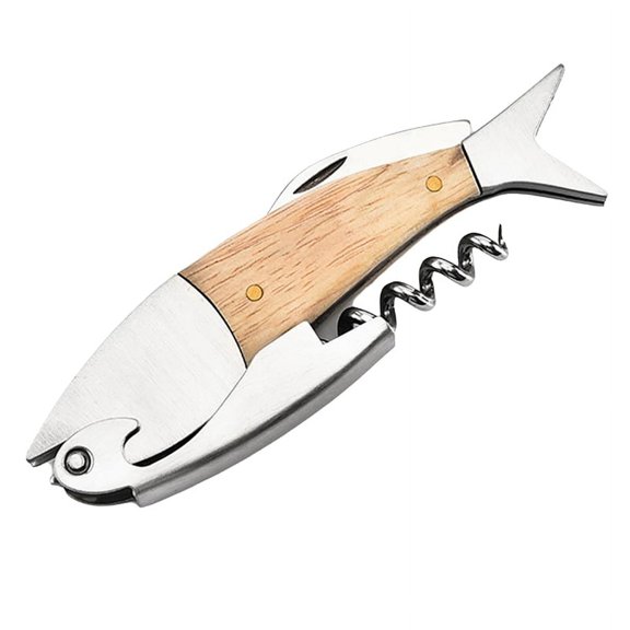 Fish-Shaped Wine Bottle Opener with Wooden Handle, Portable Metal Corkscrew Opener, Gift-Ready
