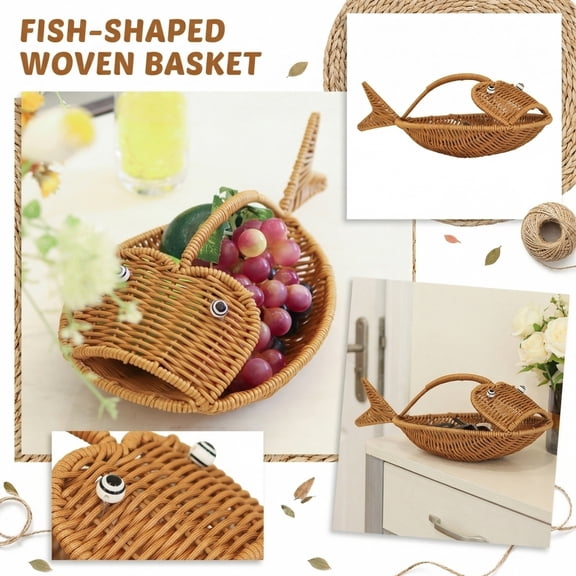 Fish Shaped Woven Basket Rattan Fruit Tray Decorative Storage Organizer,Handmade Natural Straw Serving Dish for Kitchen Counter,Rustic Boho Tabletop Catchall for Snacks Vegetables Home Decor
