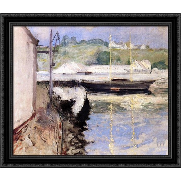 Fish Sheds and Schooner, Gloucester 32x28 Large Black Ornate Wood Framed Canvas Art by William Merritt Chase