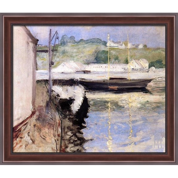 Fish Sheds and Schooner, Gloucester 32x28 Large Walnut Ornate Wood Framed Canvas Art by William Merritt Chase