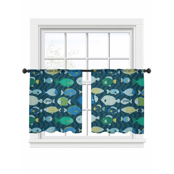 Fish Sheer Curtains 2 Panels Set Cartoon Colored Little Fish Blue Waves Sheer Window Curtains Light Filtering Rod Pocket Voile Drapes for Bedroom Living Room 52"x54"