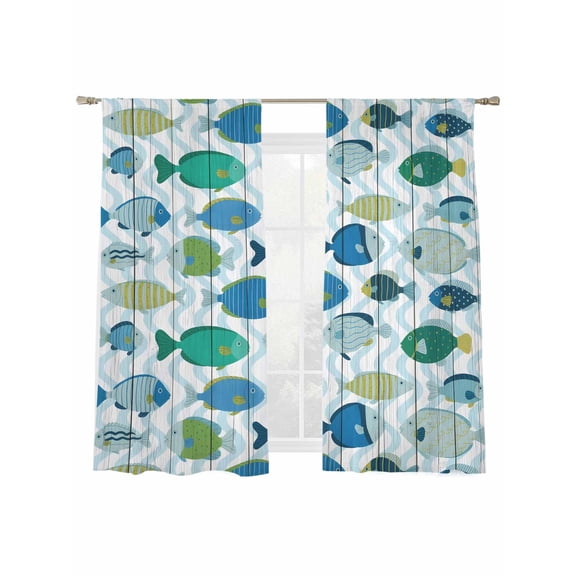 Fish Sheer Curtains 2 Panels Set Cartoon Colored Little Fish Blue Waves Wood Grain Sheer Window Curtains Light Filtering Rod Pocket Voile Drapes for Bedroom Living Room 52"x63"