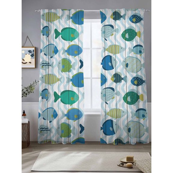 Fish Sheer Curtains 84 inches Long, Cartoon Colored Little Fish Blue Waves Wood Grain Light Filtering Sheer Window Curtains Rod Pocket Voile Drapes for Bedroom Living Room, 2 Panels