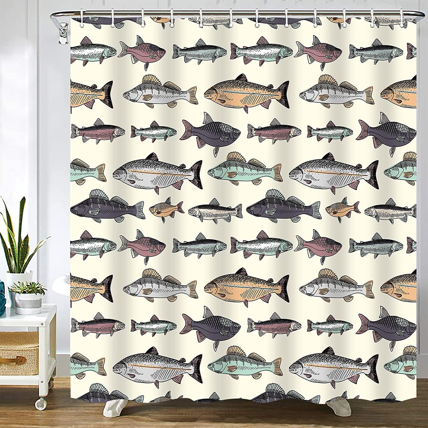 Fish Shower Curtain Blue Vintage Fishes Drawing Salmon Trout Fishing