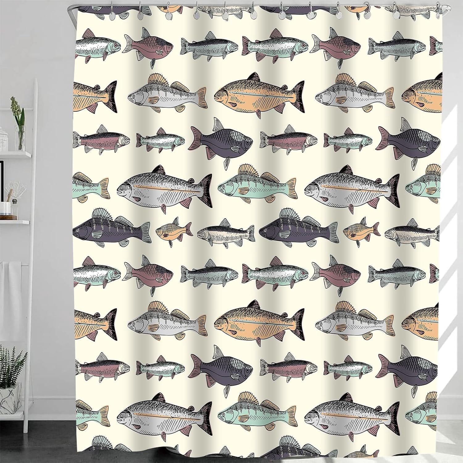 Fish Shower Curtain Blue Vintage Fishes Drawing Salmon Trout Fishing