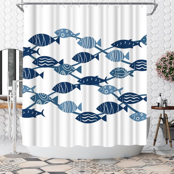 Fish Shower Curtain Blue and White Shower Curtain Ocean Bathroom Decor Polyester Fabric, 72x72inch