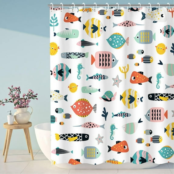 Fish Shower Curtain, Kids Bathroom Shower Curtain, Cartoon Fish Shower Curtain with 12 Hooks, Waterproof Colorful Animal Cartoon Fish Bathroom Decor, 72x72 Inch