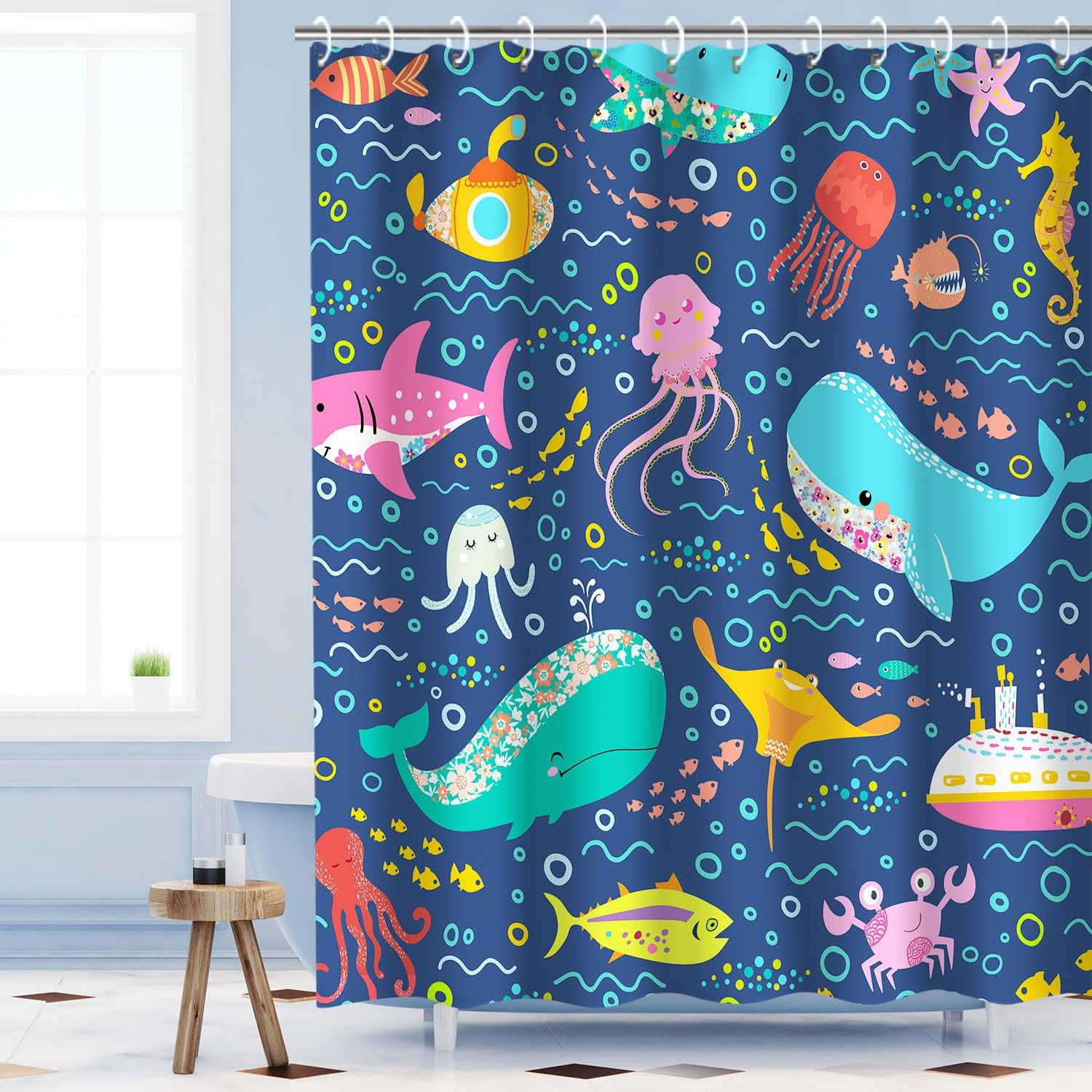 Fish Shower Curtain, Kids Shower Curtains Set with 12 Hooks, Whale Shower Curtain, Sea Animal Bathroom Decor Curtain for Girls and Boys, 72 ''''W x72 ''''H