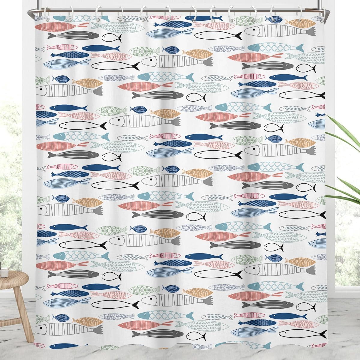 Fish Shower Curtain Nautical Beach Boys Kids Teen Navy White Coastal Ocean Sea Lake Blue Red Green Gray Yellow Extra Long XL Large Home Bathroom Decor Bathtub Set with 12 Hooks, 72x84, Colorful