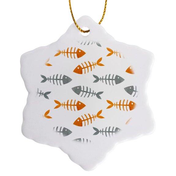 3drose, Fish Skeletons, Orange, Gray, Pattern, Modern, Contemporary, 3 inch Snowflake Porcelain Ornament
