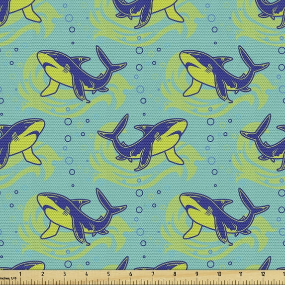 Fish Sofa Upholstery Fabric by the Yard, Creative Deep Sea Sharks Swimming Ocean Bubbles Repetition Art, Decorative Fabric for DIY and Home Accents, Seafoam Pale Green and Indigo by Ambesonne