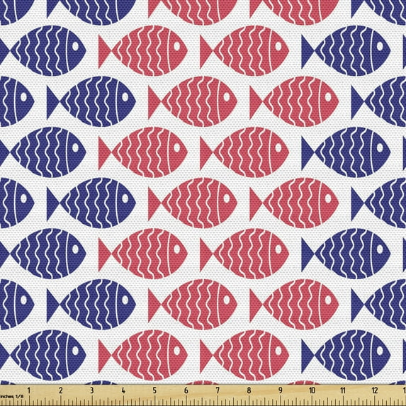 Ambesonne Fish Fabric by the Yard Upholstery, Nautical Fish Theme Design, 3 Yards, Red and Navy Blue