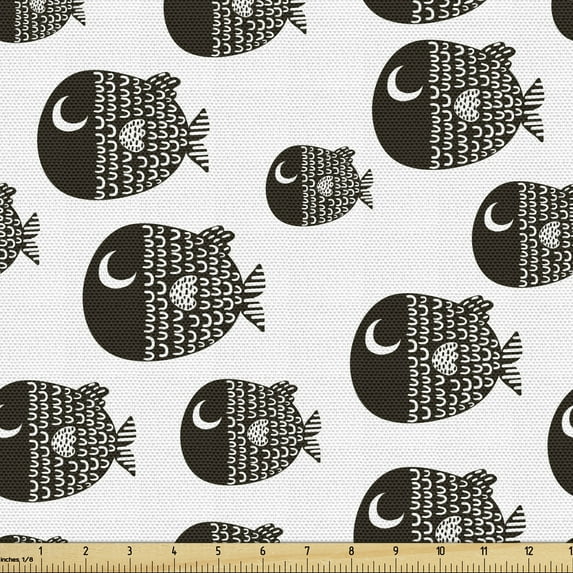 Ambesonne Cartoon Fabric by the Yard Upholstery, Black and White Fishes, 1 Yard, White Black