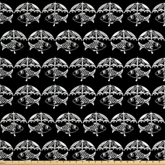 Fish Sofa Upholstery Fabric by the Yard, Sea Animals Under Ornamental Umbrellas Scales Ocean Creatures Ethnic Nautical, Decorative Fabric for DIY and Home Accents, Charcoal Grey White by Ambesonne