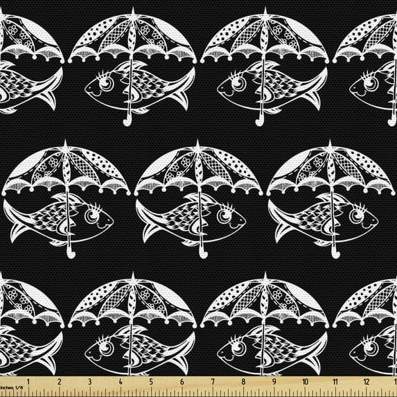 Fish Sofa Upholstery Fabric by the Yard, Sea Animals Under Ornamental Umbrellas Scales Ocean Creatures Ethnic Nautical, Decorative Fabric for DIY and Home Accents, Charcoal Grey White by Ambesonne