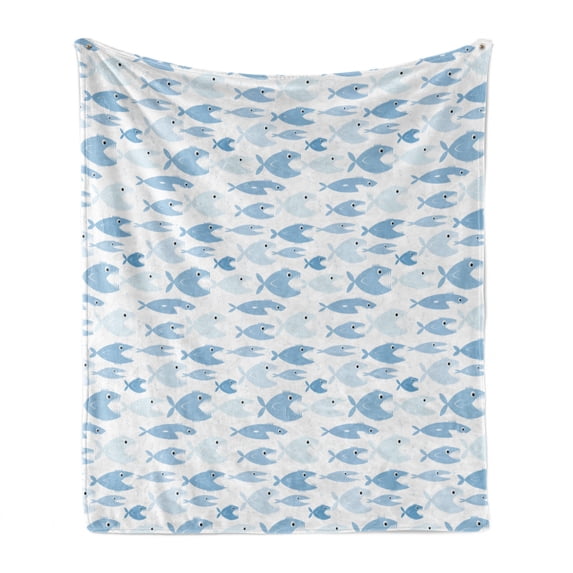Fish Soft Flannel Fleece Blanket, Aquatic Fauna with Sharp Teeth Cartoon Nature Illustration Piranha Design, Cozy Plush for Indoor and Outdoor Use, 50" x 60", Baby Blue and Pale Blue, by Ambesonne