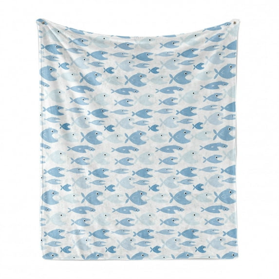 Fish Soft Flannel Fleece Blanket, Aquatic Fauna with Sharp Teeth Cartoon Nature Illustration Piranha Design, Cozy Plush for Indoor and Outdoor Use, 50" x 70", Baby Blue and Pale Blue, by Ambesonne