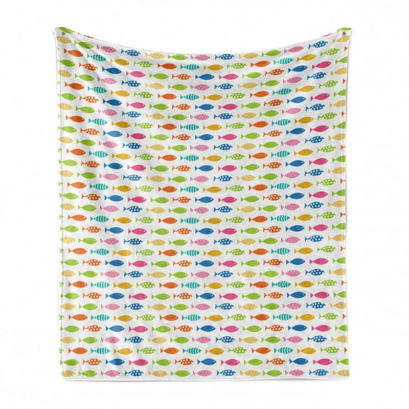 Fish Soft Flannel Fleece Blanket, Colorful Row of Simplistic Aquatic Animal Silhouettes with Various Ornaments, Cozy Plush for Indoor and Outdoor Use, 50" x 60", White and Multicolor, by Ambesonne