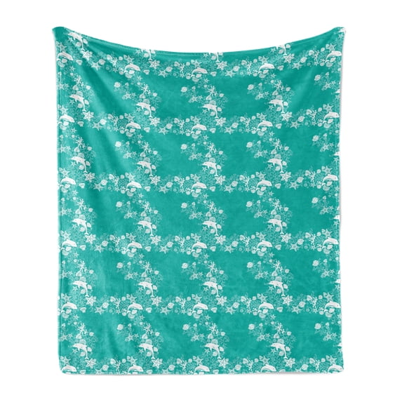 Fish Soft Flannel Fleece Blanket, Dolphins Starfishes and Seashells Floral and Animal Pattern Swirls Stalks Flowers, Cozy Plush for Indoor and Outdoor Use, 50" x 60", Turquoise White, by Ambesonne