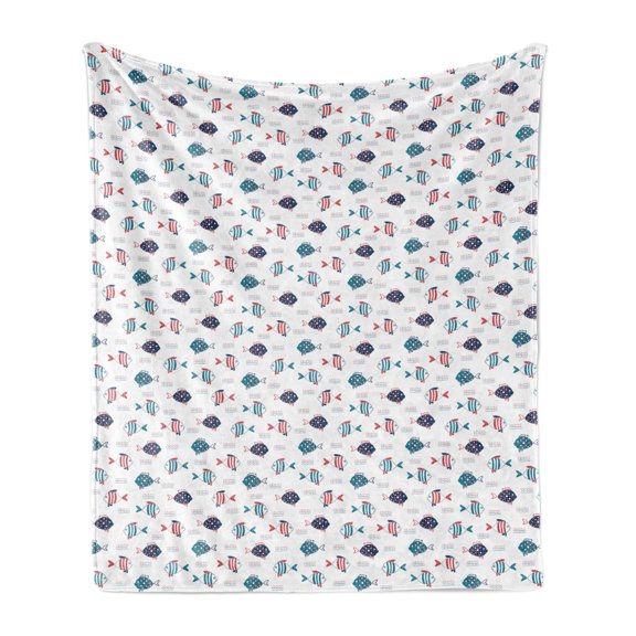 Fish Soft Flannel Fleece Blanket, Hand-Drawn Doodle Fish and Waves Pattern Swimming Underwater Theme on White Backdrop, Cozy Plush for Indoor and Outdoor Use, 50" x 70", Multicolor, by Ambesonne